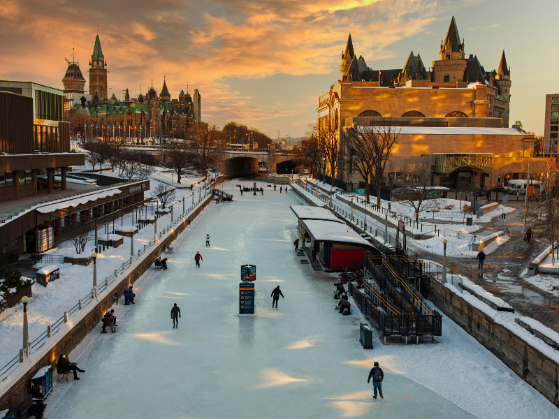 Rideau Canal in Ottawa, Ontario during winter at sunset — Maple Key VA virtual assistant Canada