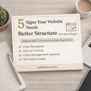 Graphic showing 5 signs your small business website needs better structure for SEO, client management, and conversions