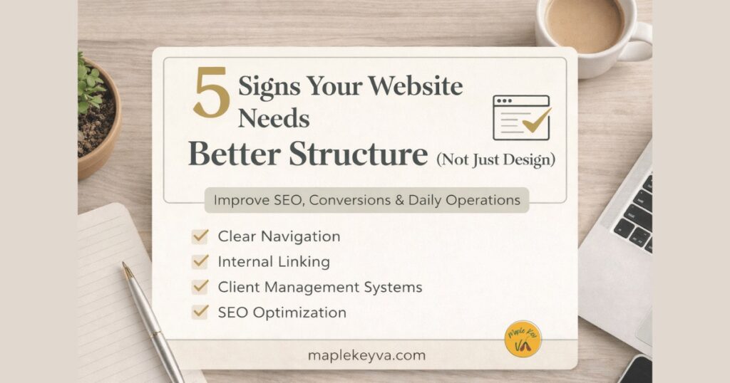 Workspace graphic showing five signs your website needs better structure for SEO and operations